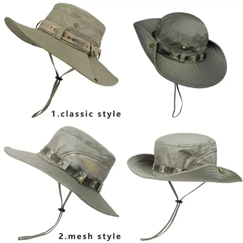 Summer Men Bucket Hat Outdoor UV Protection Wide Brim Panama Safari Hunting Hiking Hat Mesh Fisherman Hat Beach Sunscreen Cap - Smarsty