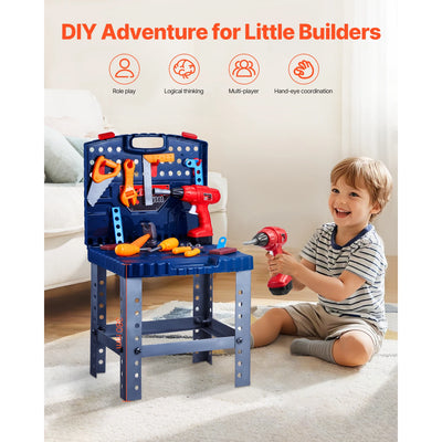 SucceBuy 56pcs Kids Work Bench Tool Set with Realistic Tools Pretend Play Construction Workbench Toys for Toddler Children Toys