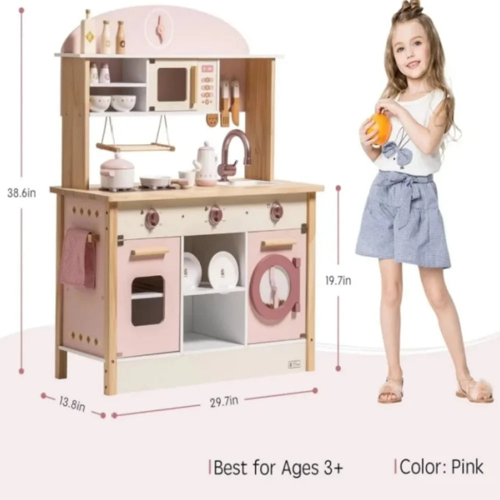 Robotime Robud Kids Corner Kitchen Playset Wooden Play Kitchen Set with Realistic Sound Pretend Play Gift for Boys Girls Pink by Smarsty
