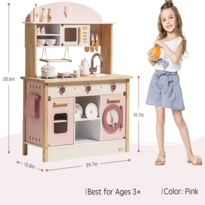 Robotime Robud Kids Corner Kitchen Playset Wooden Play Kitchen Set with Realistic Sound Pretend Play Gift for Boys Girls Pink by Smarsty