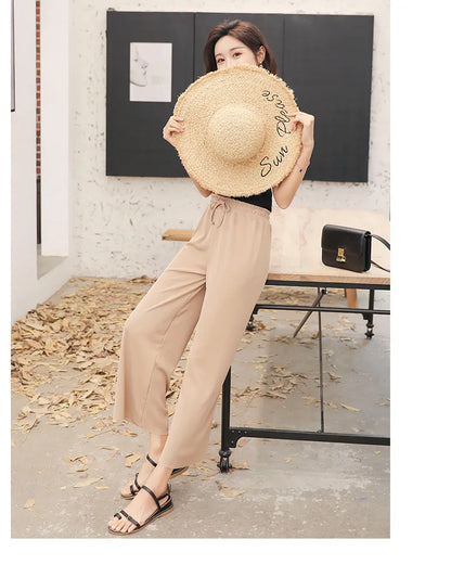 Women Ankle-Length Wide Leg Pants Casual Summer Solid Elastic Waist Loose Ice Silk Pants Spring Summer Female Trousers - Smarsty