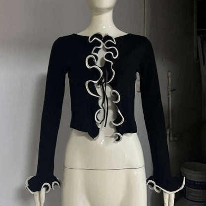 TARUXY 2025 New Fungus Long Sleeve Knitted Cardigan Female Contrast Color Splice Short Top Lace Up Bodycon Sweater Cardigan Lady - Smarsty