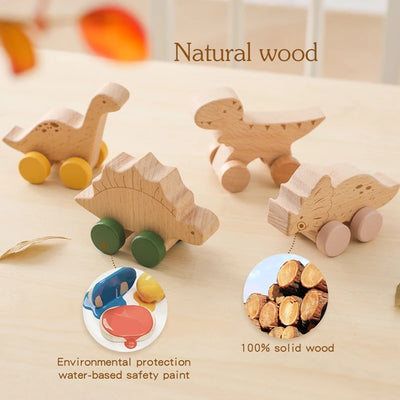 Wooden Baby Car Toys Beech Wooden Dinosaur Cartoon Car Teether Educational Montessori Toys For Children Teething Baby Toys - Smarsty
