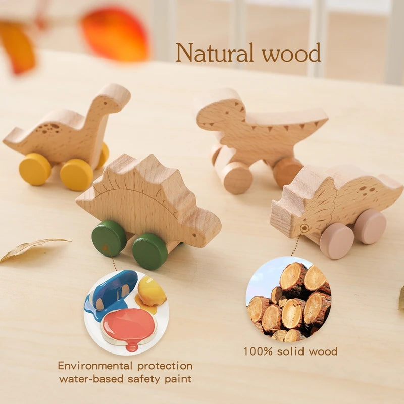 Wooden Baby Car Toys Beech Wooden Dinosaur Cartoon Car Teether Educational Montessori Toys For Children Teething Baby Toys