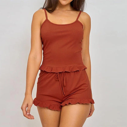 Summer Two-Piece Solid Color Sleepwear Round Neck Sexy Suspender Ribbed Knitted Pleated Vest Shorts Casual Women's Sleepwear Set - Smarsty