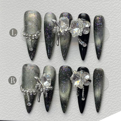 Dark Black Stiletto Press On Nails with Butterfly Design - Smarsty