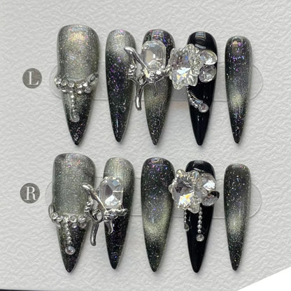 Dark Black Stiletto Press On Nails with Butterfly Design - Smarsty