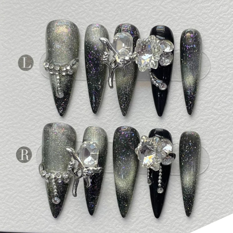 Dark Black Stiletto Press On Nails with Butterfly Design - Smarsty