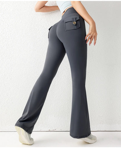 Solid Color Butt Lifting Gym Fitness Pants High Waist Flared Yoga Leggings for Women - Smarsty