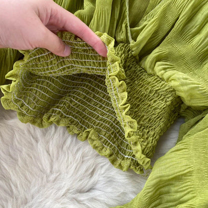 Women Sexy Chiffon Short Blouse Female See Through Super Long Sleeve Blusas Purple/Green/Black/White Folds Party Tops 2022 New - Smarsty