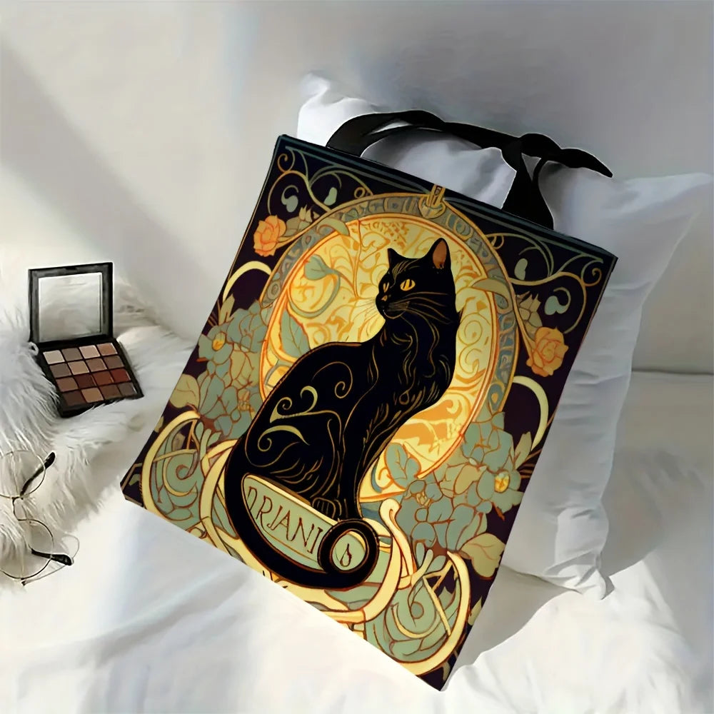 Retro Black Cat Tote Bag Linen Fabric Lightweight Shopping - Smarsty