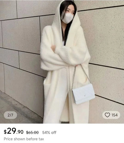 white Long Cardigan for women 2025 new winter clothes Knitted fluffy long sleeve Cashmere sweater coat korean style warm vintage - Smarsty