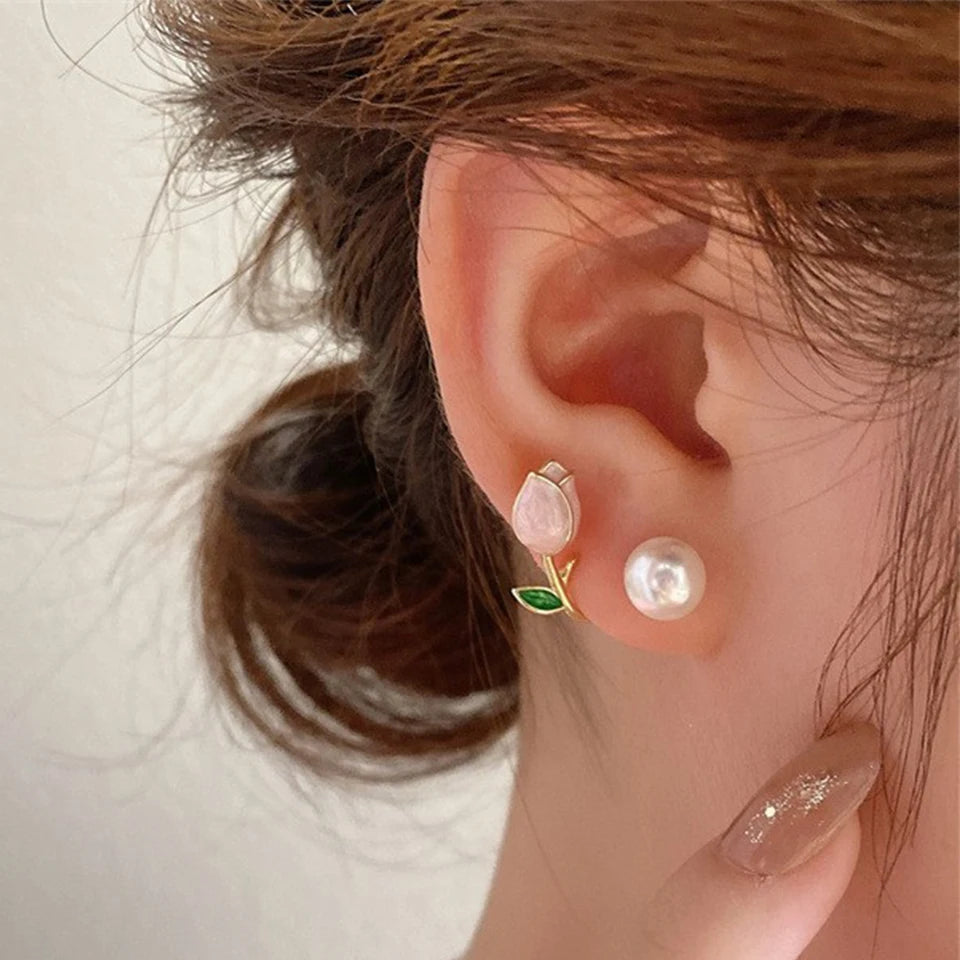 Elegant Rose Stud Earrings With Imitation Pearl Pink Tulip - Smarsty