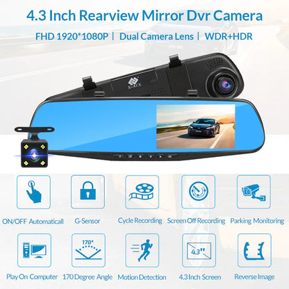 Dual Lens Dashcam With 4.3 Inch Rearview Mirror FHD 1080P - Smarsty