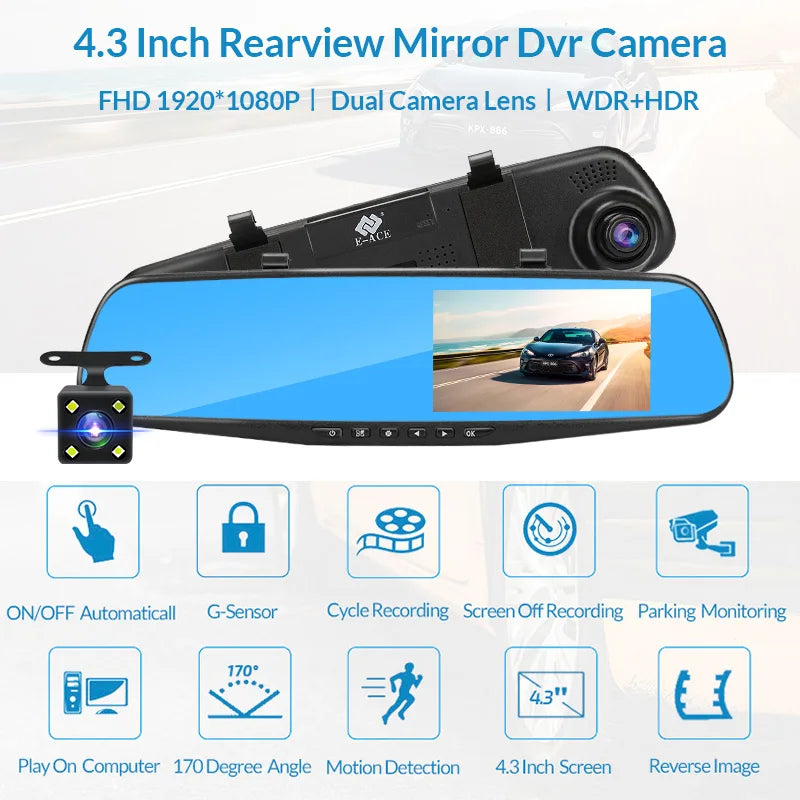 Dual Lens Dashcam With 4.3 Inch Rearview Mirror FHD 1080P - Smarsty