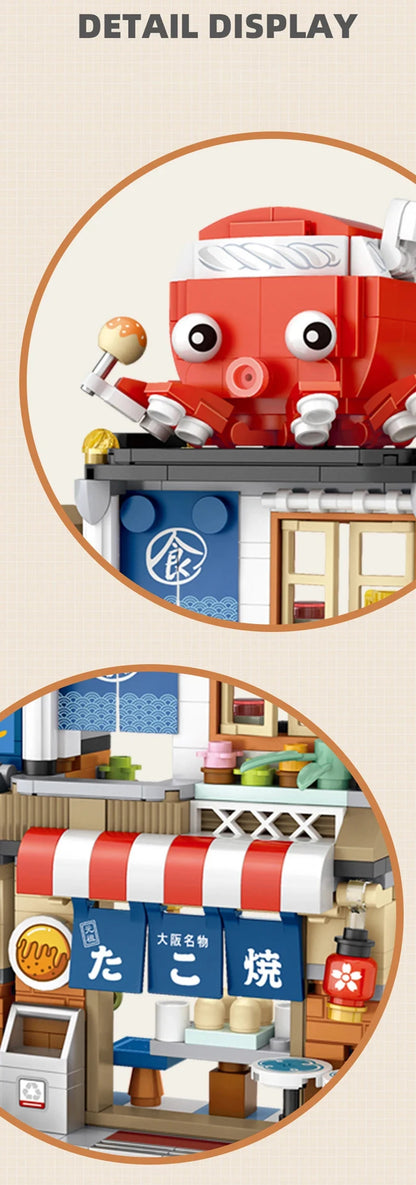 Street View Series Building blocks Izakaya Shaved Ice Shop Takoyaki Shop Coffee shop Panda Tea House model children's gift