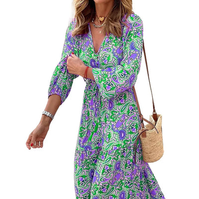 Women's Autumn New Fashionable Printed Sexy V-neck Long Sleeve High Waist Elastic Waist Medium Length Bohemian Dress - Smarsty