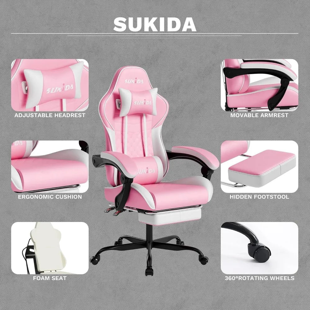 Ergonomic Gaming Chairs with Massage Lumbar Support, Swivel, Height Adjustable, and Headrest for Adults Comfort Gaming