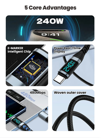 240W Type C to Type C Super Charge Digital Display Cable 0.5m-2m USB C Data Cable For Iphone 15 16 Samsung s24 s23 Huawei Xiaomi - Smarsty