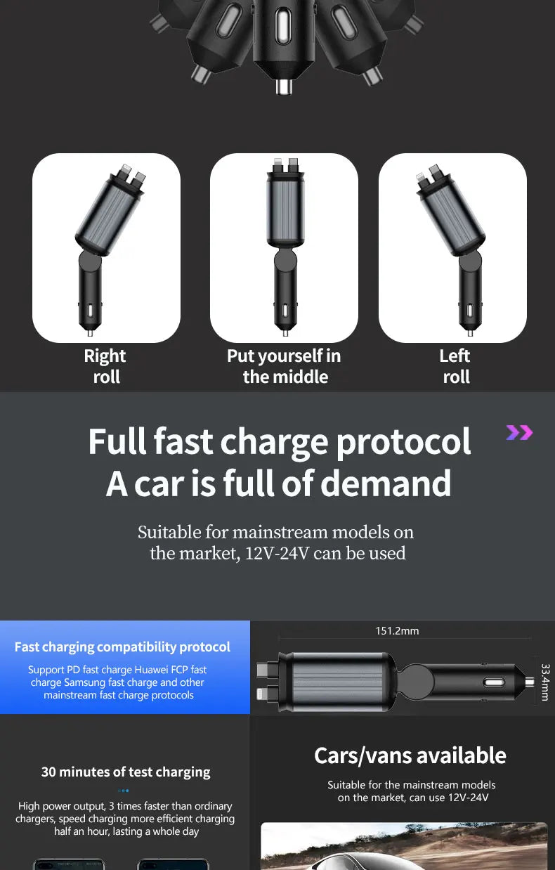 5-in-1 180W Car Fast Charger USB Type-C Power Adapter Retractable Phone Charger With Roof Starlight For IOS Android Phones - Smarsty