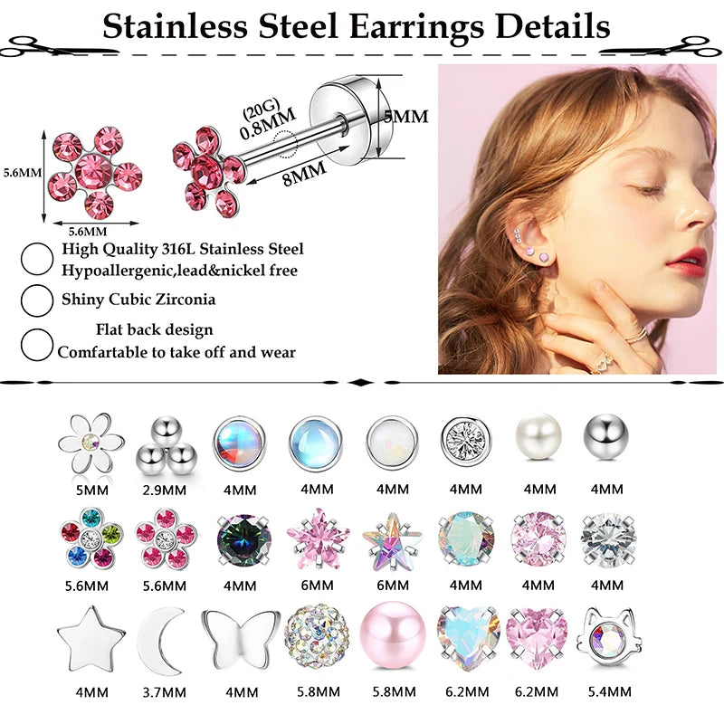 Stainless Steel Heart Moon Ear Studs Screw Back Cartilage - Smarsty