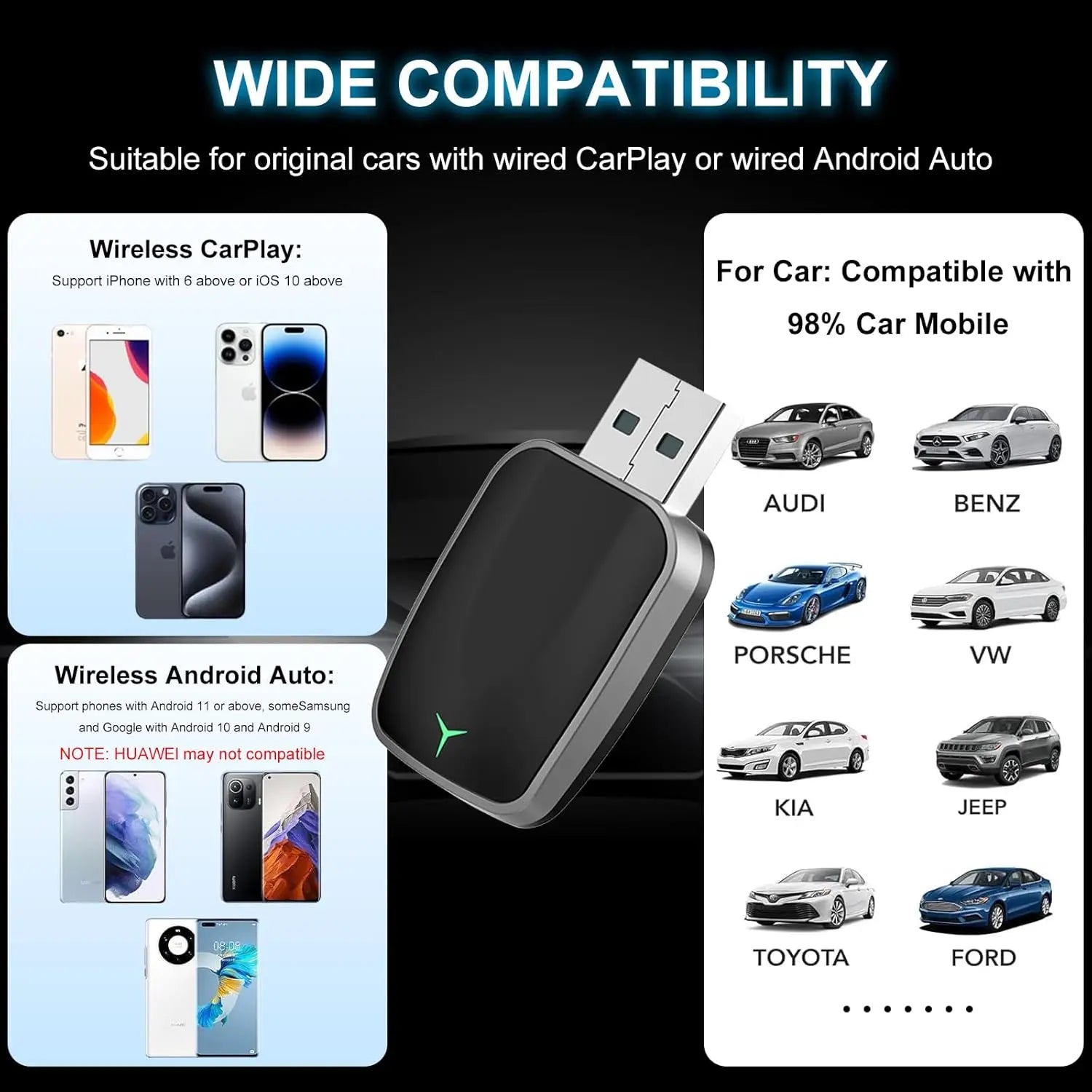 Mini Wireless CarPlay & Android Auto Adapter – Plug & Play Dongle, Convert Wired to Wireless, USB-A/C, Compatible with 2016+ Car