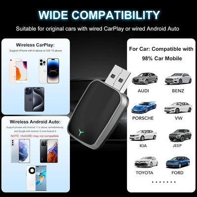 Mini Wireless CarPlay & Android Auto Adapter – Plug & Play Dongle, Convert Wired to Wireless, USB-A/C, Compatible with 2016+ Car