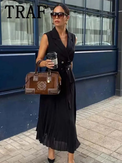 Corset Dress Women Pleated Vests Long Dresses for Women 2024 Sleeveless Office Party Dress Ruched Midi Evening Dresses - Smarsty