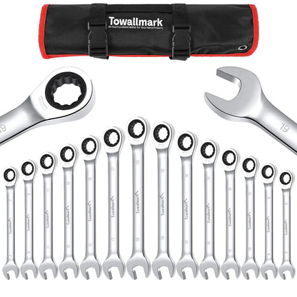 14-Piece Wrench Set, Ratcheting Wrench Set, Metric 6-19mm,Chrome Vanadium Steel with Storage Bag for truck/garage projects, etc.
