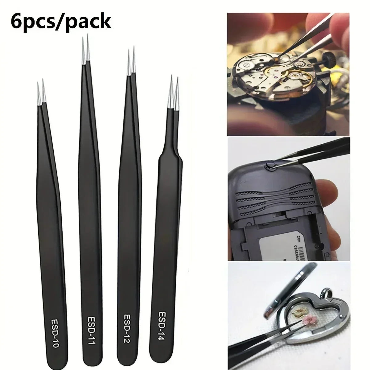 Precision ESD anti-static tweezers set -6-pc stainless steel tool for electronic repair and process modeling, bending 2025