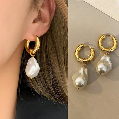 Elegant Gold Vintage Circle Drop Earrings with Baroque Pearl - Smarsty