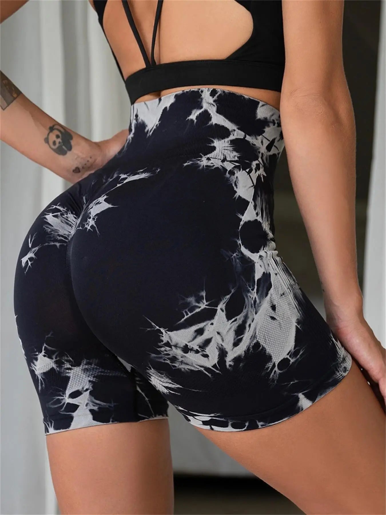 Women's Tie Dye Print Ruched High Waist Sports Shorts, Casual Comfy Breathable Seamless Skinny Shorts for Yoga Gym Workout - Smarsty