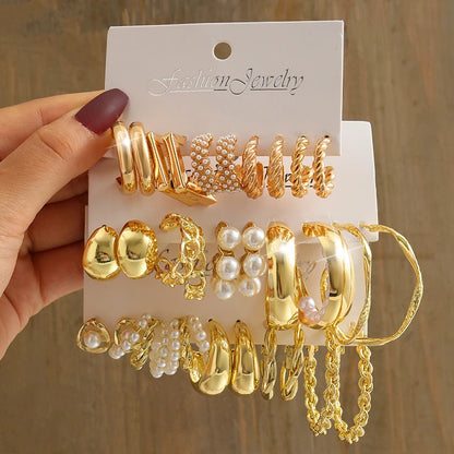 Gold Color Vintage Geometric Pearl Earrings Set For Women - Smarsty