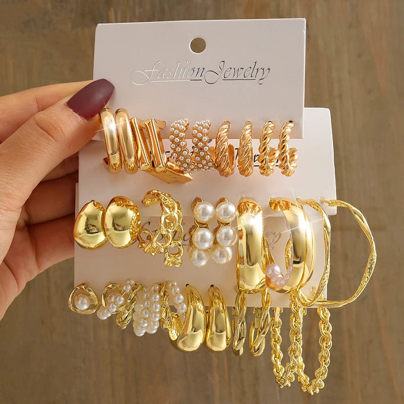 Gold Color Vintage Geometric Pearl Earrings Set For Women - Smarsty