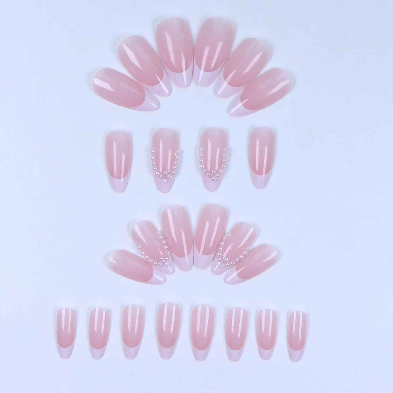24PCS French Almond Fake Nails with Pearl Trim - Smarsty