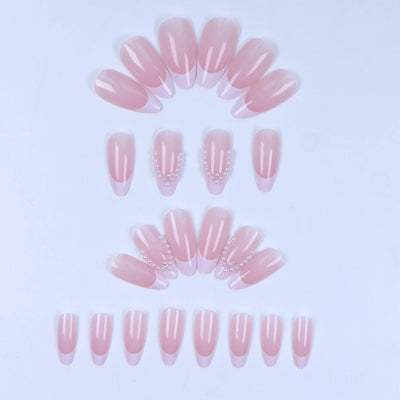 24PCS French Almond Fake Nails with Pearl Trim - Smarsty
