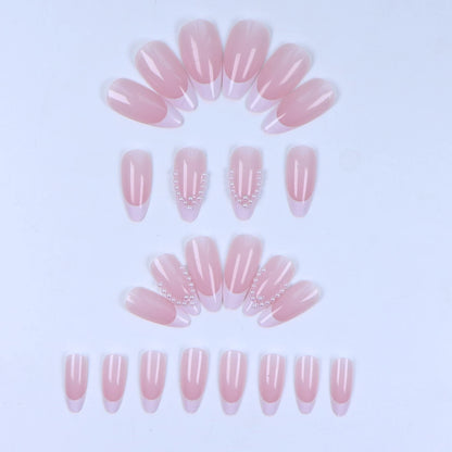 24PCS French Almond Fake Nails with Pearl Trim - Smarsty