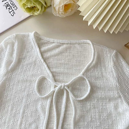2024 White Tie Up Summer Cardigan Women Sexy Long Sleeve Sheer Mesh Crop Tops Woman Chic All Match Short Printed T Shirt Mujer