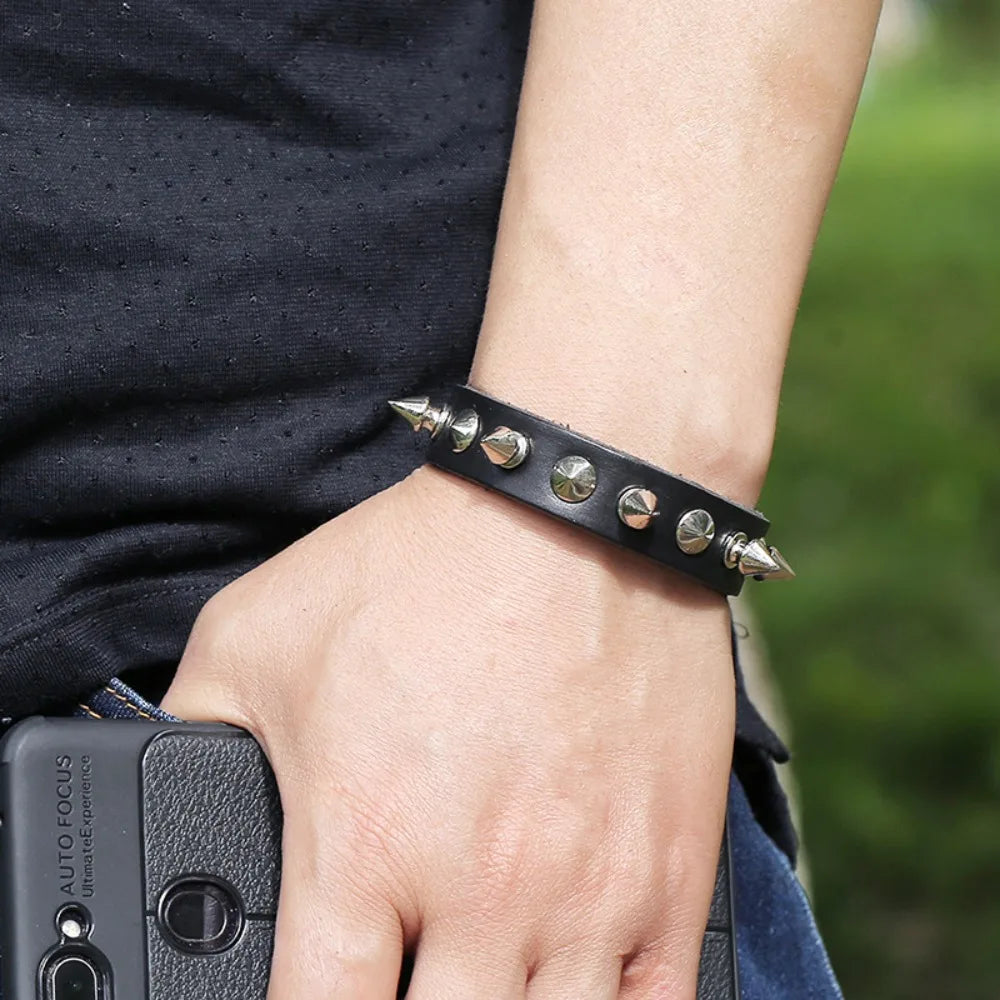 Black Goth Leather Bracelets Set with Rivet Spikes - Smarsty
