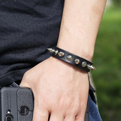 Black Goth Leather Bracelets Set with Rivet Spikes - Smarsty