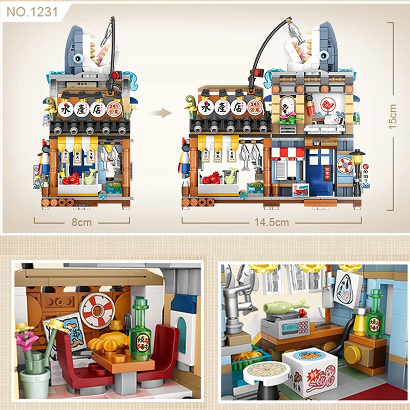 Street View Series Building blocks Izakaya Shaved Ice Shop Takoyaki Shop Coffee shop Panda Tea House model children's gift