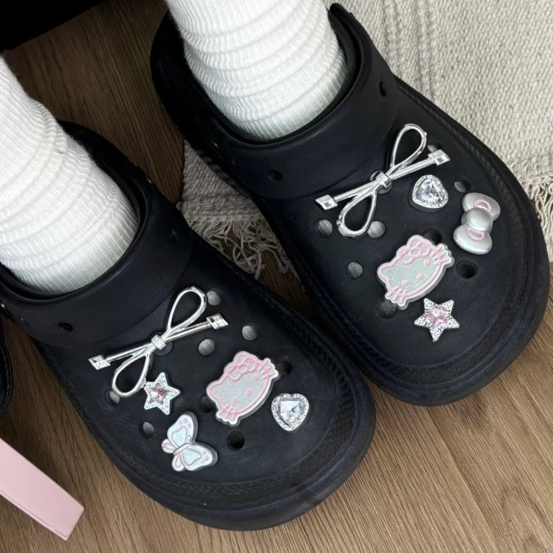 MINISO Silvery Hello Kitty Set Girls Women Shoe Charms DIY Hole Shoes Detachable Buckle Garden Shoes Accessories Festival Gift