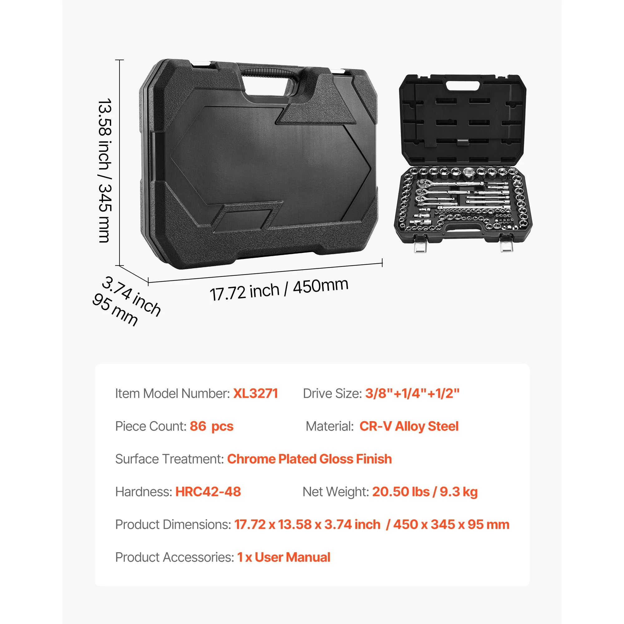 SucceBuy Socket Set 86 Pieces 3/8 1/4 1/2in Drive Socket and Ratchet Set SAE Metric Mechanic Tool Kit with Ratchet Wrench