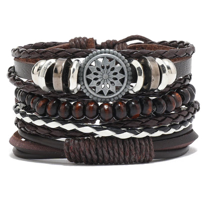 Vintage Leather Men Bracelet Woven Brown Wood Beads - Smarsty