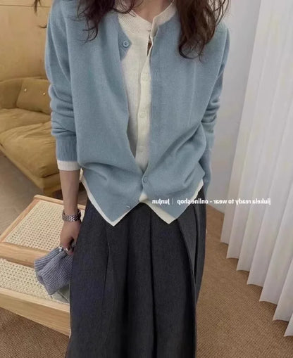 Fake two 100% pure cashmere sweater cardigan dark grey high-grade wool knit coat top - Smarsty