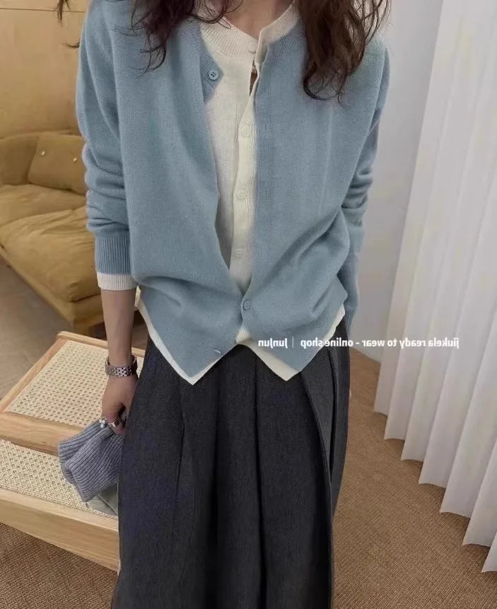 Fake two 100% pure cashmere sweater cardigan dark grey high-grade wool knit coat top - Smarsty