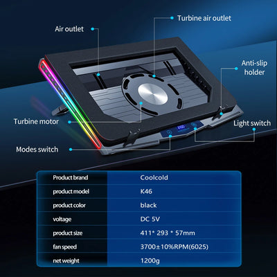 Laptop Cooling Pad RGB USB Cooler Adjustable Stand - Smarsty
