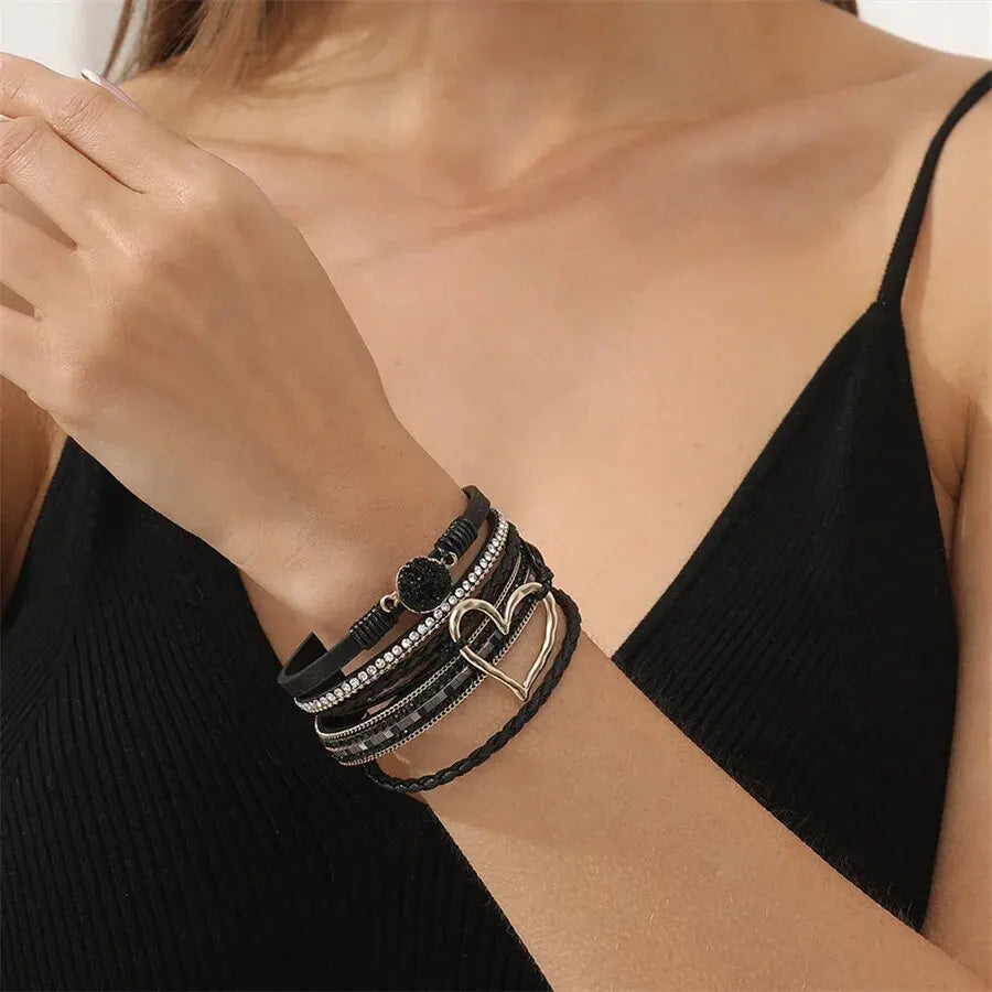 Women Leather Heart Charm Bracelet Rhinestone Wrap - Smarsty