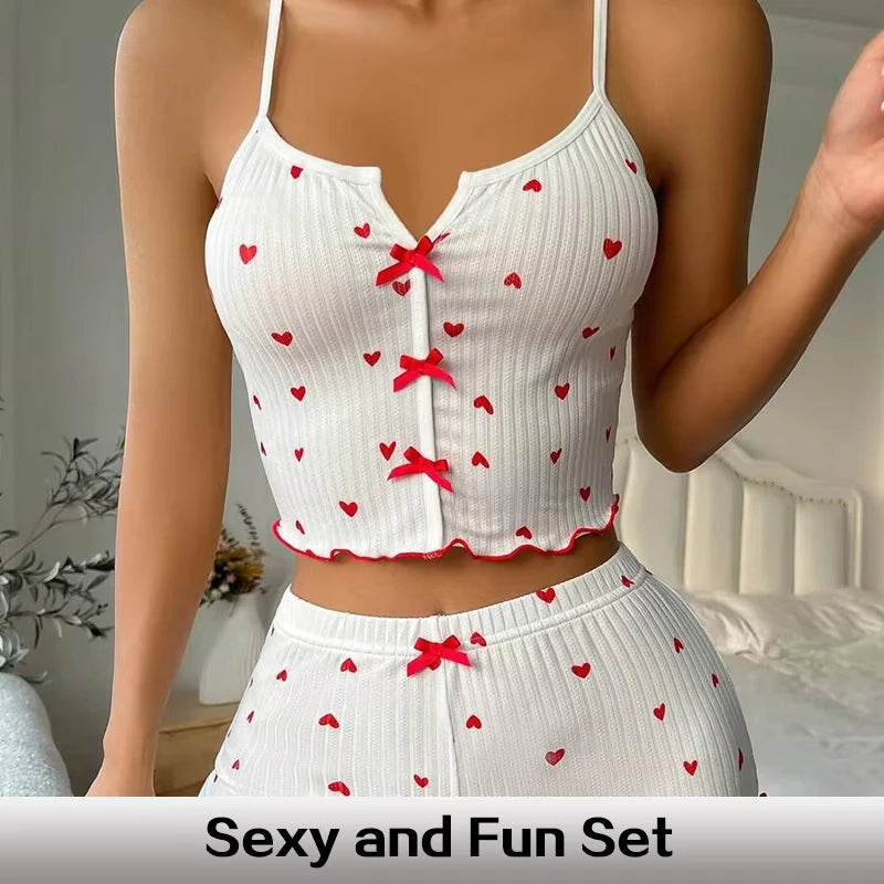 Sexy Sleepwear Women Pajamas Set Heart Print Silk Stain V-Neck Sleeveless Casual Cami Top and Shorts Sets Home Suit Loungewear - Smarsty