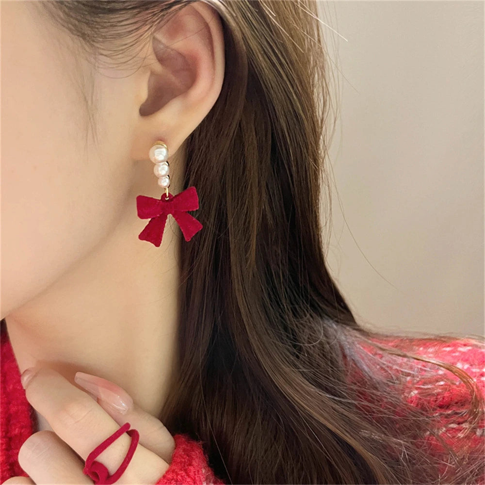 Red Black Bowtie Earrings with Simulated Pearls for Women - Smarsty